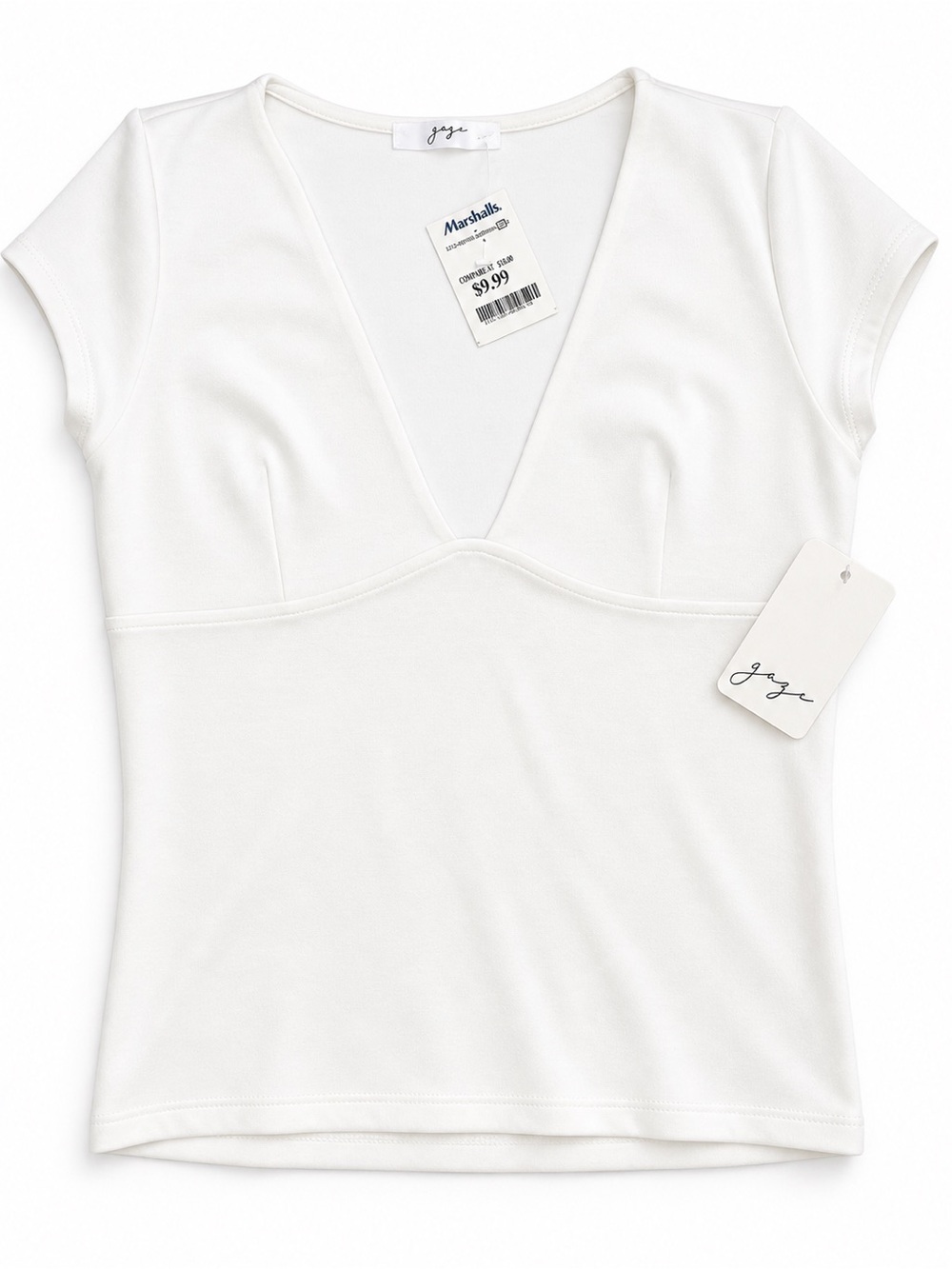 gaze White V-Neck Short Sleeve Fitted Top